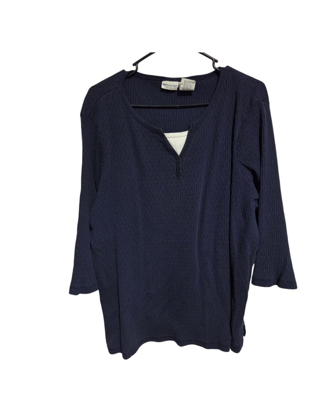 White Stag Henley Top Plus Size 26W 28W Navy Blue  Ribbed Texture 3/4 Sleeve